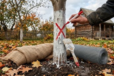 Побелку давно выбросила — обматываю стволы этим материалом: весной кора чистая, без единой трещины и морозобоин